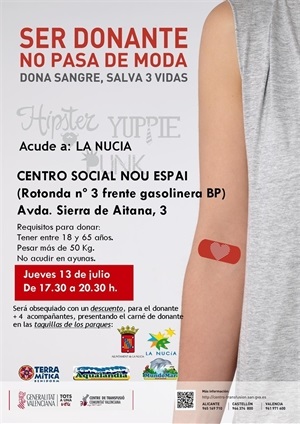 Cartel promocional de la próxima donación, que será el 13 de julio en el Centro Social Nou Espai de La Nucía