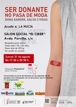 Cartel de la Donación de sangre para el próximo 31 de agosto