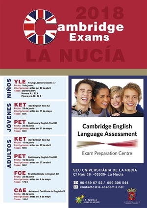 Cartel de los exámenes de inglés de Cambridge 2018 en La Nucía
