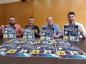 Presentación de la Gala de Magia con el mago David Climent, Juanjo González, pte. Majorals 2018, Cristóbal Llorens, concejal Fiestas y Pedro Lloret, concejal Cultura