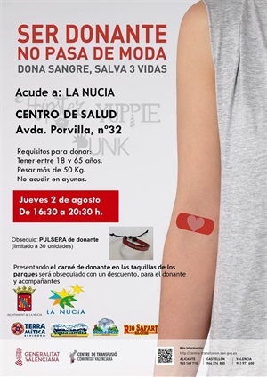 Cartel Donación de Sangre de agosto en La Nucía