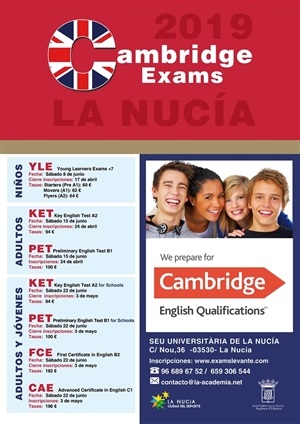 Imagen del cartel de los Exámenes de Cambridge en La Nucía