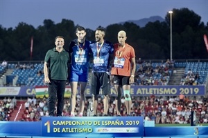 Podium 110 m vallas con Orlando Ortega, Enrique Lopis y Luís Salort  junto a Bernabé Cano