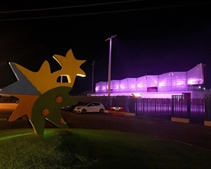 Fachada del nuevo estadi Olímpic de La Nucia iluminada de violeta