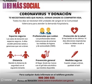 Así mismo desde el Centro de Transfusión de la Comunidad Valenciana han emitido una serie de recomendaciones sobre "Coronavirus y Donación"