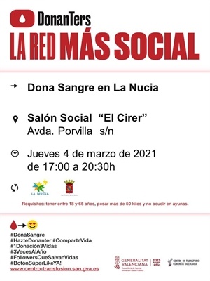 Mañana jueves 4 de marzo donación de sangre en La Nucía por la tarde